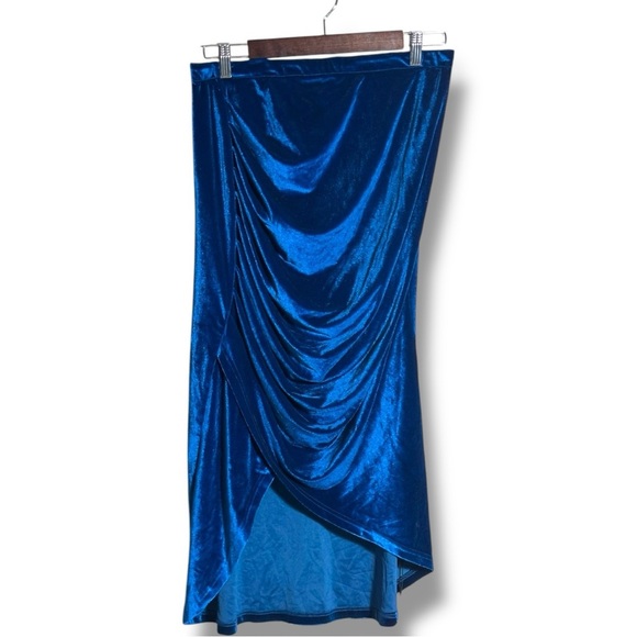 Cider NWT Elegant Royal Blue Asymmetrical Elastic Waist Velvet Midi Skirt - Picture 12 of 15